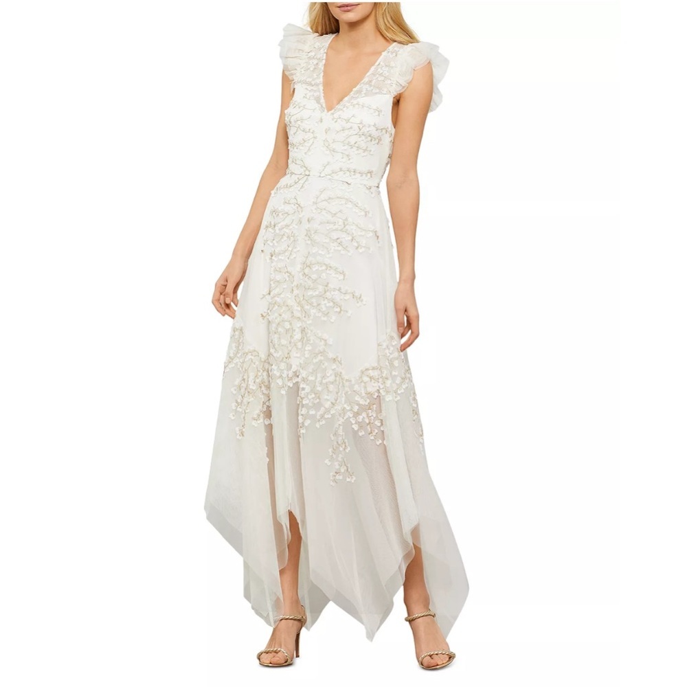 BCBGMAXAZRIA Embroidered White Tulle Gown Maxi Dress 10 Embroidered Floral Gold